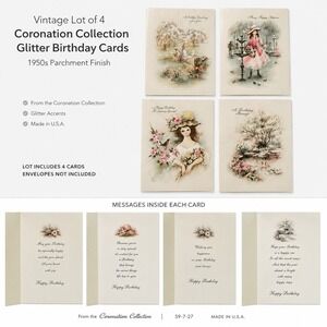 Vintage 1950s Coronation Collection Glitter‎ Birthday Cards Lot of 4 Parchment